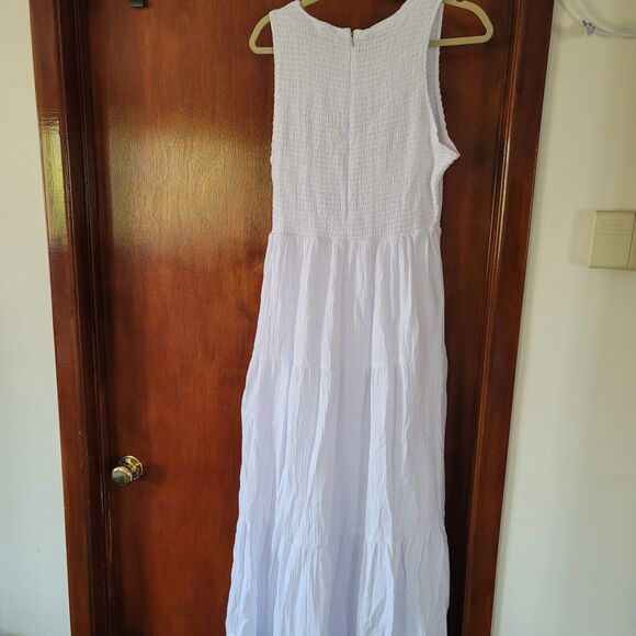 DKNY Cotton Gauze Smocked-Bodice white Maxi Dress size L sleevesless 100% cotton - Picture 8 of 12